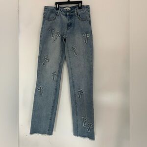 Stylish Blue Denim Women's Pants with Cross Embroidery